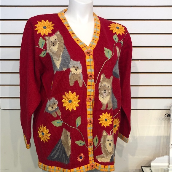 Storybook Knits Sweaters - Storybook Knits Red Cardigan with Dog and Floral Design